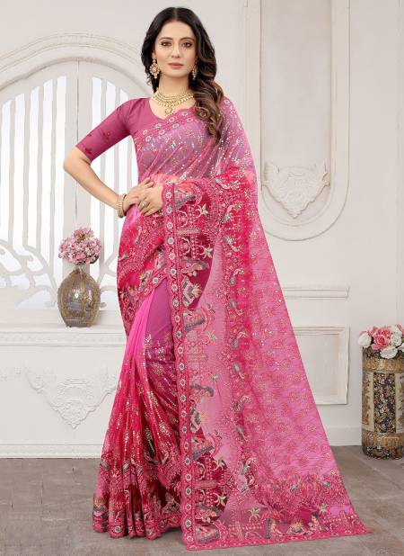 Rani Colour Fancy Designer Stylish Party Wear Heavy Net Embroidery Work Saree Collection 5756